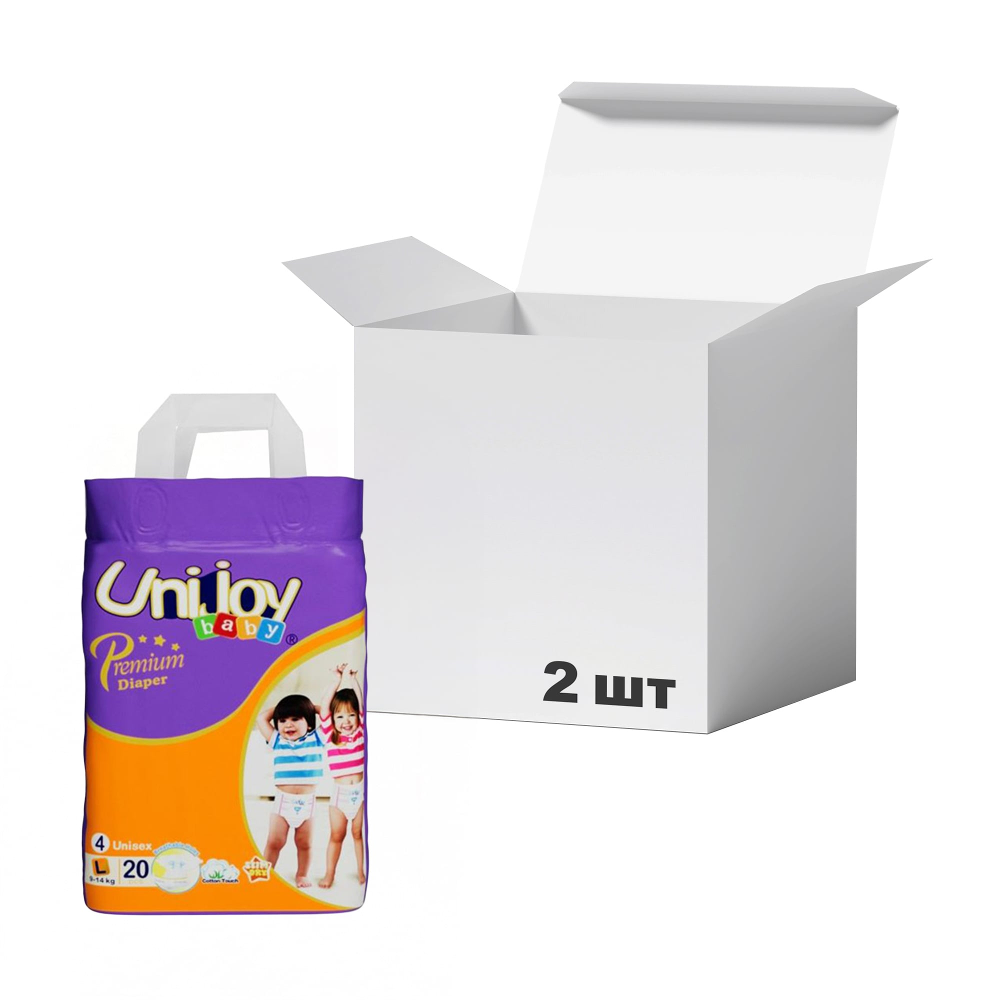 Упаковка підгузків Unijoy Premium Diapers розмір L (9-14 кг), 20 шт * 2 шт